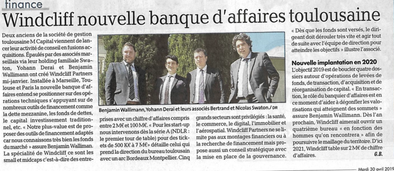 Windcliff Partners, nouvelle banque d' affaires Toulousaine - La Dépêche Haute-Garonne