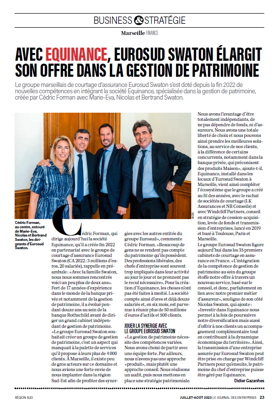 Avec Equinance, Eurosud Swaton élargit son offre dans la gestion de patrimoine